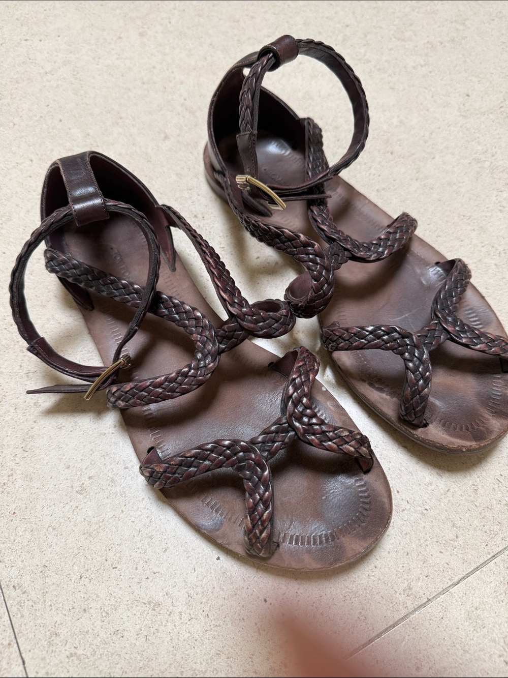 Tom Ford Braided Leather Brown Ankle-Strap Sandals